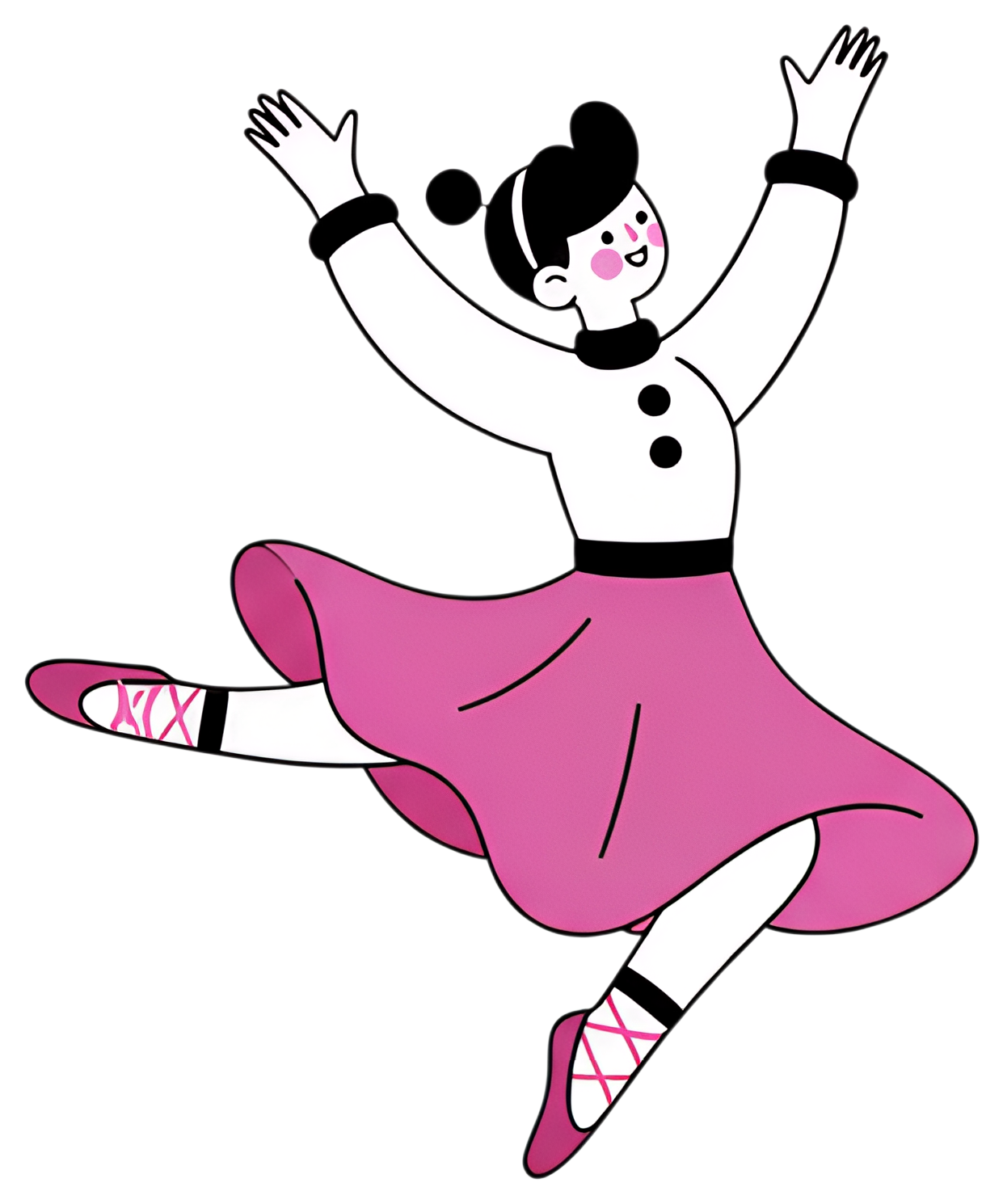 A cheerful dancer leaps into the air with outstretched arms, wearing a flowing pink skirt and a black and white top. Her ballet shoes feature a pink cross strap design, adding a playful touch to her姿勢