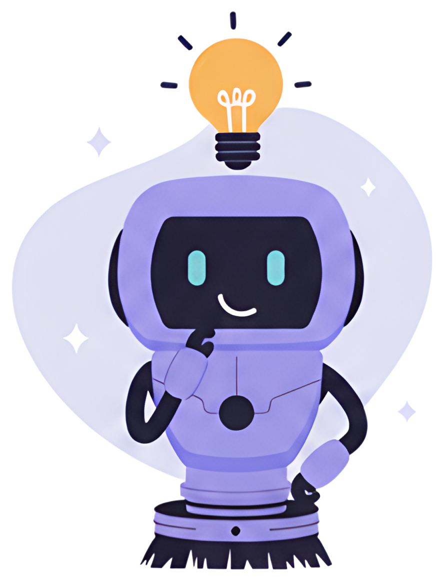 A cheerful robot with a light bulb above its head symbolizes an idea. The robot has a lavender body, a friendly expression, and is posed thoughtfully with one finger on its chin. A soft, light-colored