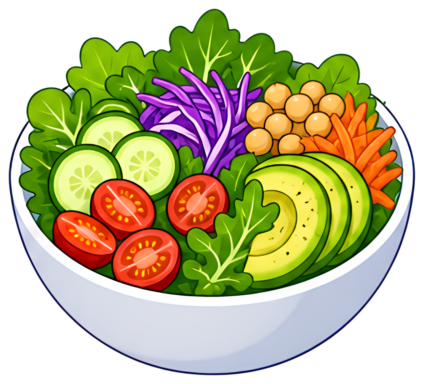 A colorful salad bowl filled with fresh greens, sliced cucumbers, tomatoes, purple cabbage, and avocado. The bowl showcases a variety of textures and ingredients, arranged for a visually appealing and