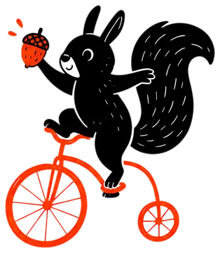 A playful black squirrel balances on a bright orange bicycle while holding an acorn in its paw. The squirrel has a fluffy tail that's depicted with a textured design, enhancing its lively appearance.