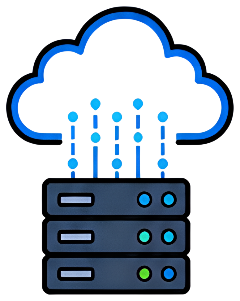 A stylized cloud icon sits above a server, with blue data streams flowing into the server from the cloud. The server features three dark grey sections with colored indicators, showcasing a modern and简