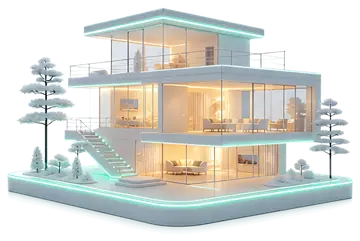 Sleek 3D White House with Neon Accents