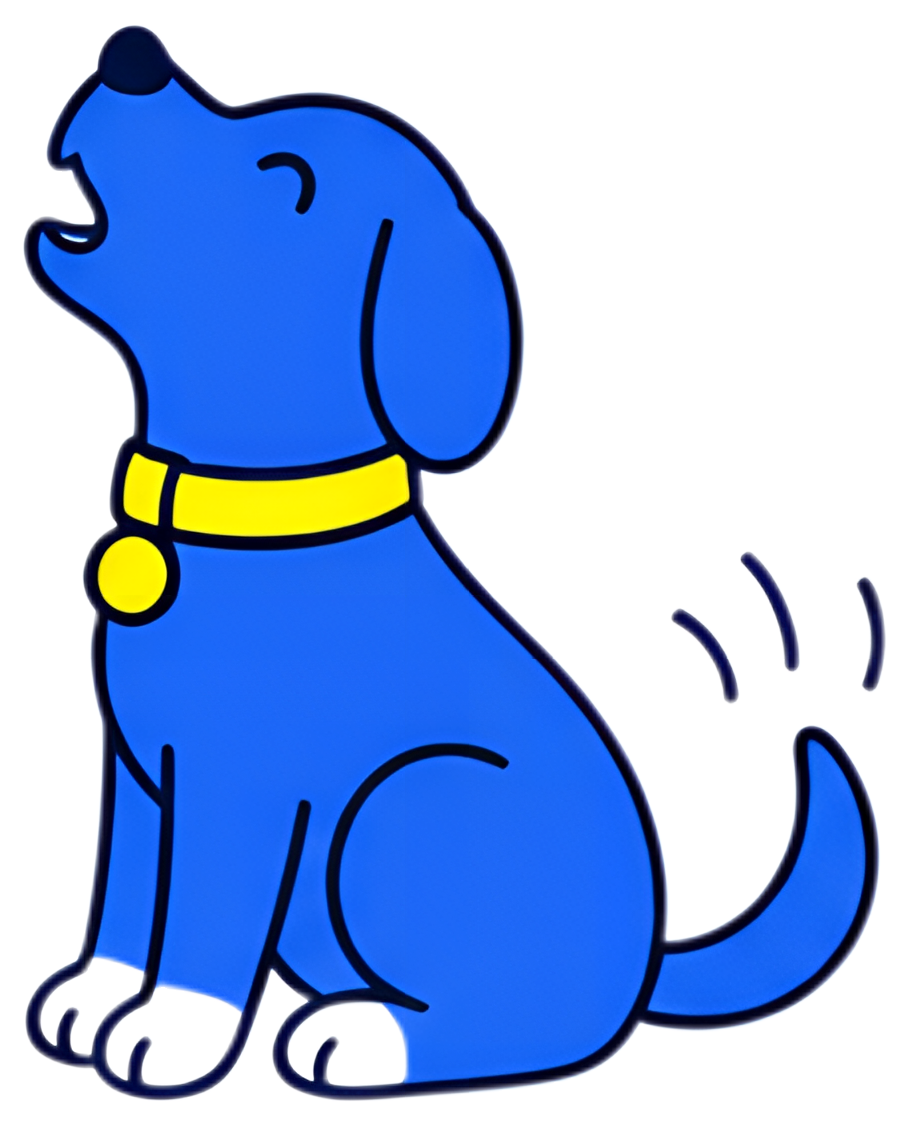 A cheerful blue dog sitting with its mouth open, wearing a bright yellow collar and a round tag. The dog's tail is in an animated position, resembling happiness or excitement, set against a clear, non