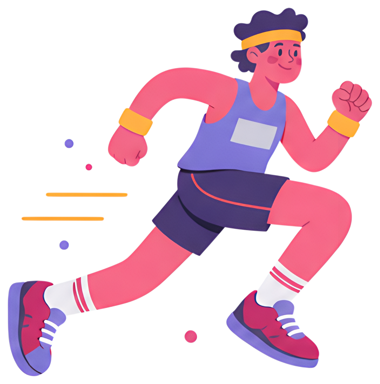 A lively cartoon character runs energetically, sporting bright sneakers and a sweatband. The character features a determined expression, with arms pumping and a colorful outfit, set against a clean, 2