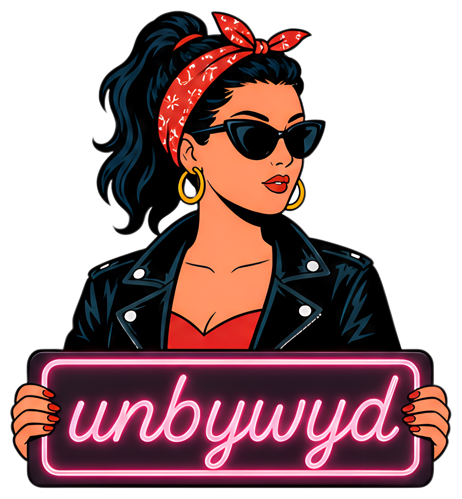 Retro Woman in Leather Jacket with Neon Sign