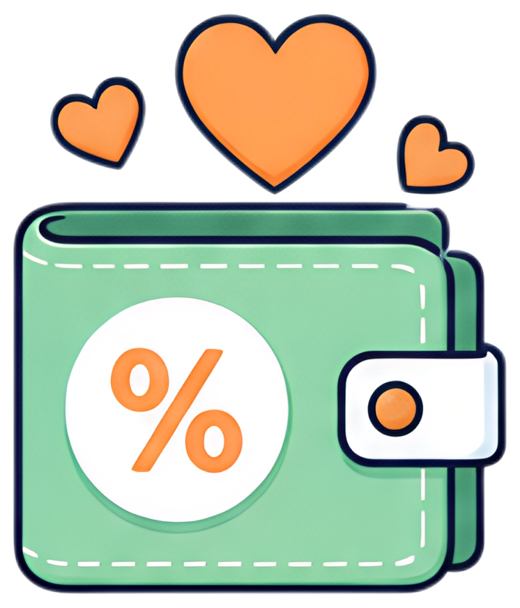 A stylized wallet illustrated in teal with a white percent icon on its front, surrounded by floating orange hearts. The design features playful outlines and stitches, adding a whimsical touch.