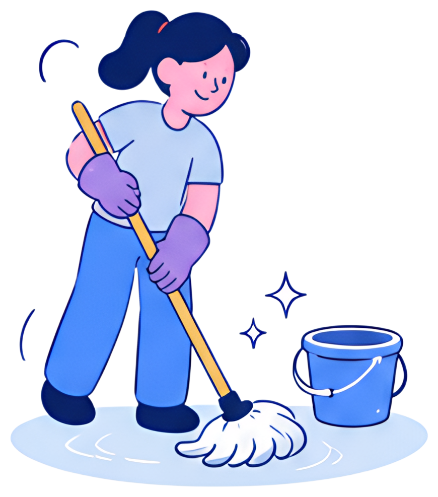 A cheerful character in purple gloves mops a shiny floor with a mop while a blue bucket sits nearby. The illustration features soft colors and a clean, flat design style, conveying a sense of tidiness