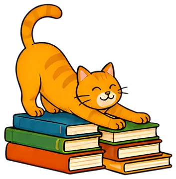 A cheerful orange cat performs yoga on top of a colorful stack of books, with its eyes closed and a content expression. The books are arranged in blue, green, red, and white, contrasting with the cat,