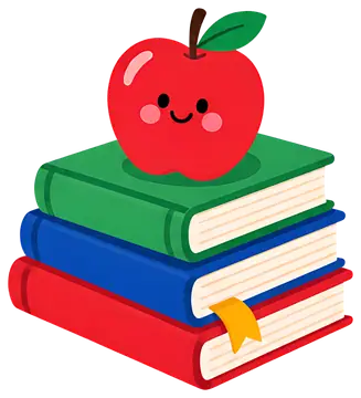 Colorful stack of textbooks with a smiling apple