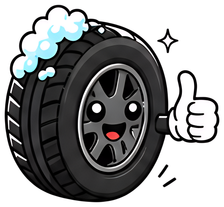 A cheerful cartoon tire features a glossy black finish, smiling with big eyes and showing a thumbs-up gesture. Above it, a small fluffy white cloud of soap foam adds a playful touch to the character.