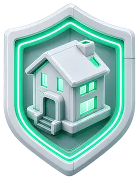 A stylized icon featuring a house enclosed within a shield, illuminated by a vibrant emerald neon outline. The design is isometric, showcasing details like windows and a chimney on the house, all set 