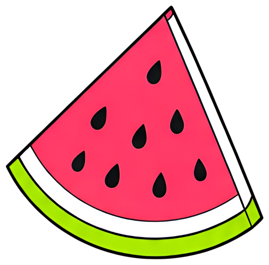 A colorful watermelon slice icon featuring vibrant red flesh with black seeds arranged in a triangular shape, accented by a white and green rind. The overall design is bold and playful, ideal for a夏日或