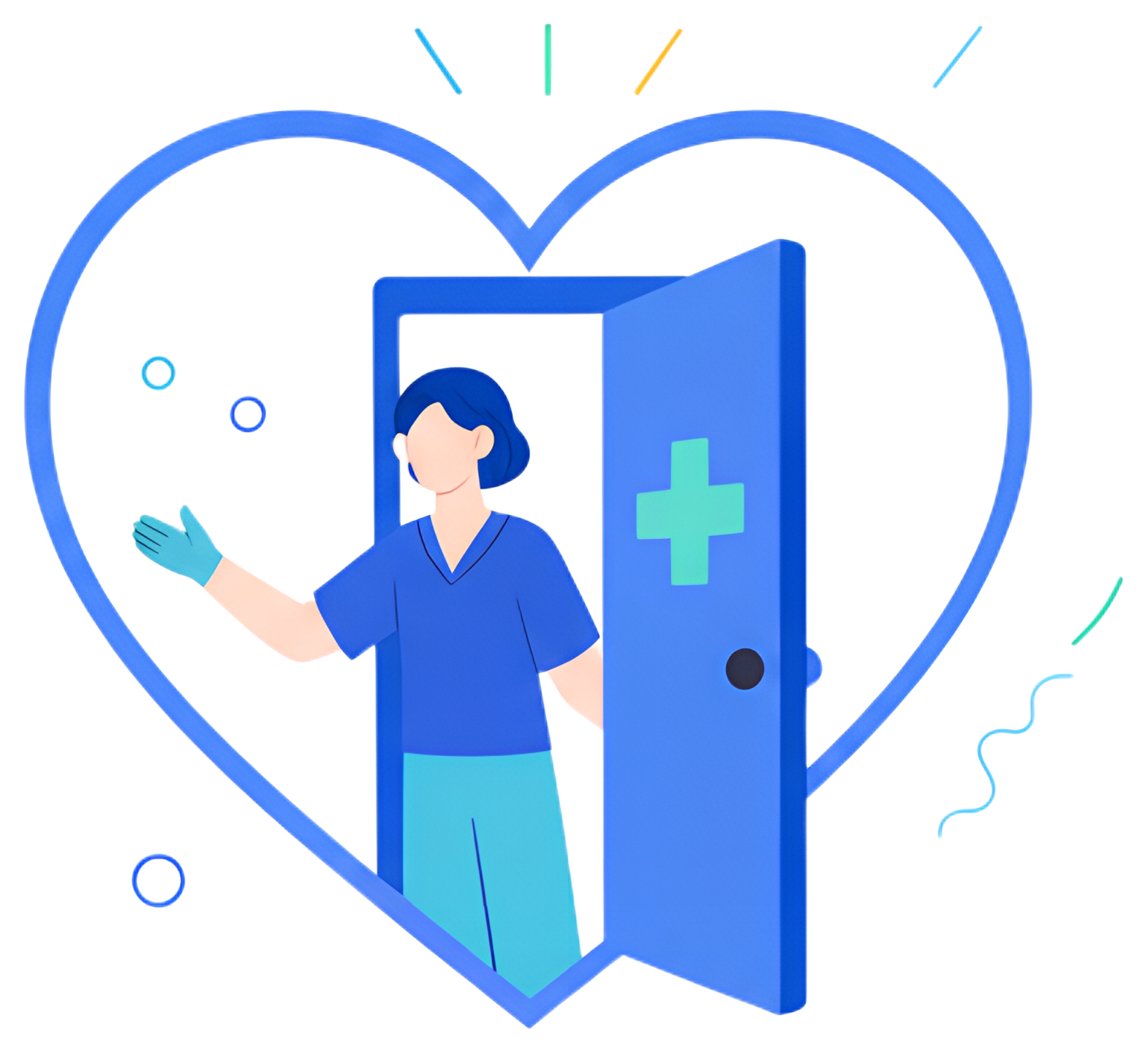 A healthcare professional stands at an open clinic door shaped like a heart, extending a hand in a welcoming gesture. The figure wears blue scrubs and a light blue glove, with an inviting expression, 