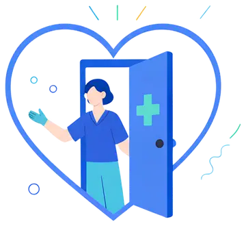 A healthcare professional stands at an open clinic door shaped like a heart, extending a hand in a welcoming gesture. The figure wears blue scrubs and a light blue glove, with an inviting expression, 
