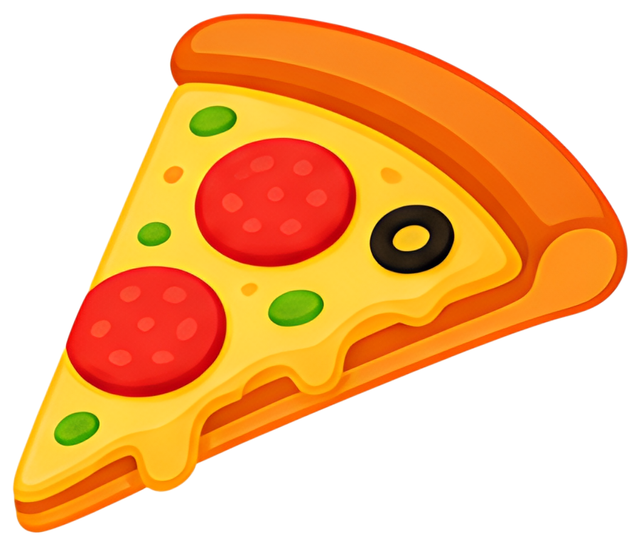 A vibrant slice of pizza featuring yellow cheese, two red pepperoni slices, green bell pepper chunks, and a black olive, all set against a bright orange crust. The design is playful and ideal for food