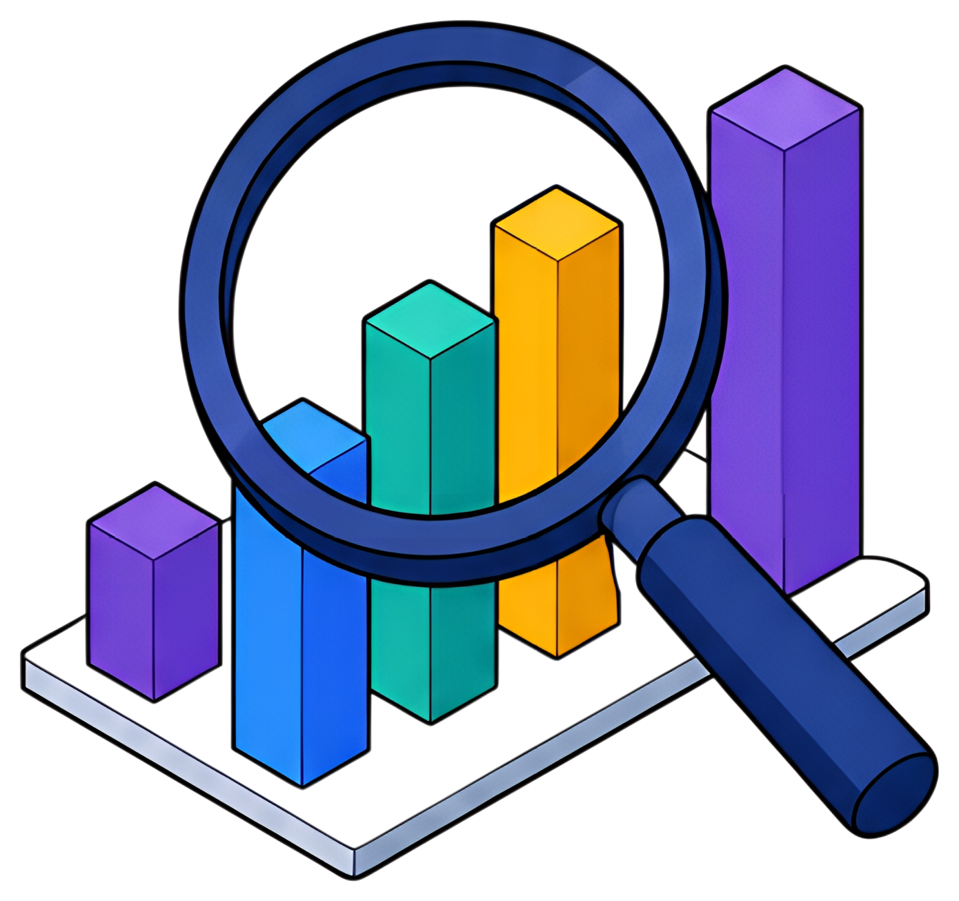 A magnifying glass is positioned over a vibrant bar chart composed of various colored vertical bars including teal, yellow, and purple. The bars are arranged on a light-colored base, emphasizing the '