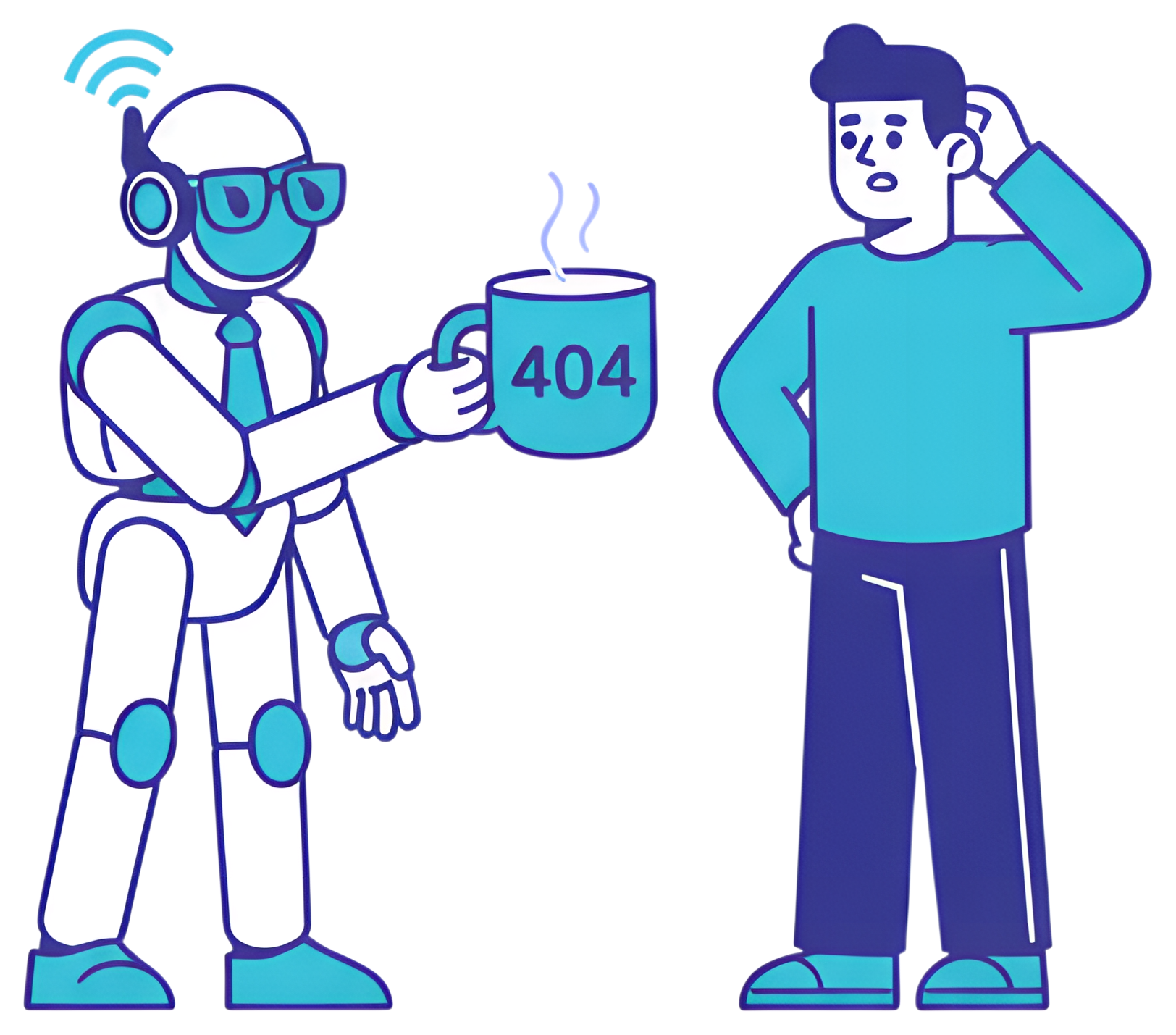 A robot with glasses and a tie hands a steaming blue cup labeled '404' to a confused person. The robot has a sleek design, with a wireless headset, while the person looks puzzled, standing with one of