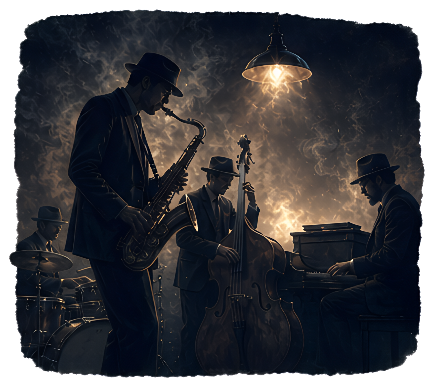 A jazz quartet performs on a dark stage, illuminated by a single overhead lamp. The saxophonist takes center stage, surrounded by a bassist, drummer, and pianist, with smoky tendrils swirling around, 