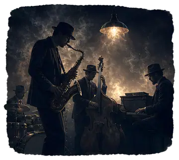 A jazz quartet performs on a dark stage, illuminated by a single overhead lamp. The saxophonist takes center stage, surrounded by a bassist, drummer, and pianist, with smoky tendrils swirling around, 