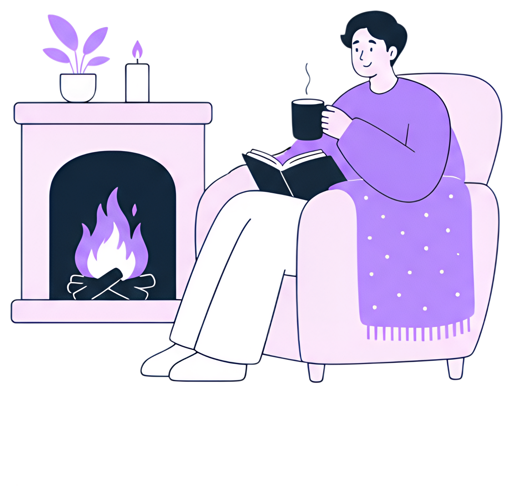 A cozy character sits in an armchair by a crackling fireplace, holding a book and a cup of hot cocoa, wrapped in a knitted blanket. The warm tones from the fire and soft purple hues of the blanket add