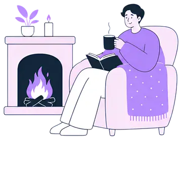 A cozy character sits in an armchair by a crackling fireplace, holding a book and a cup of hot cocoa, wrapped in a knitted blanket. The warm tones from the fire and soft purple hues of the blanket add