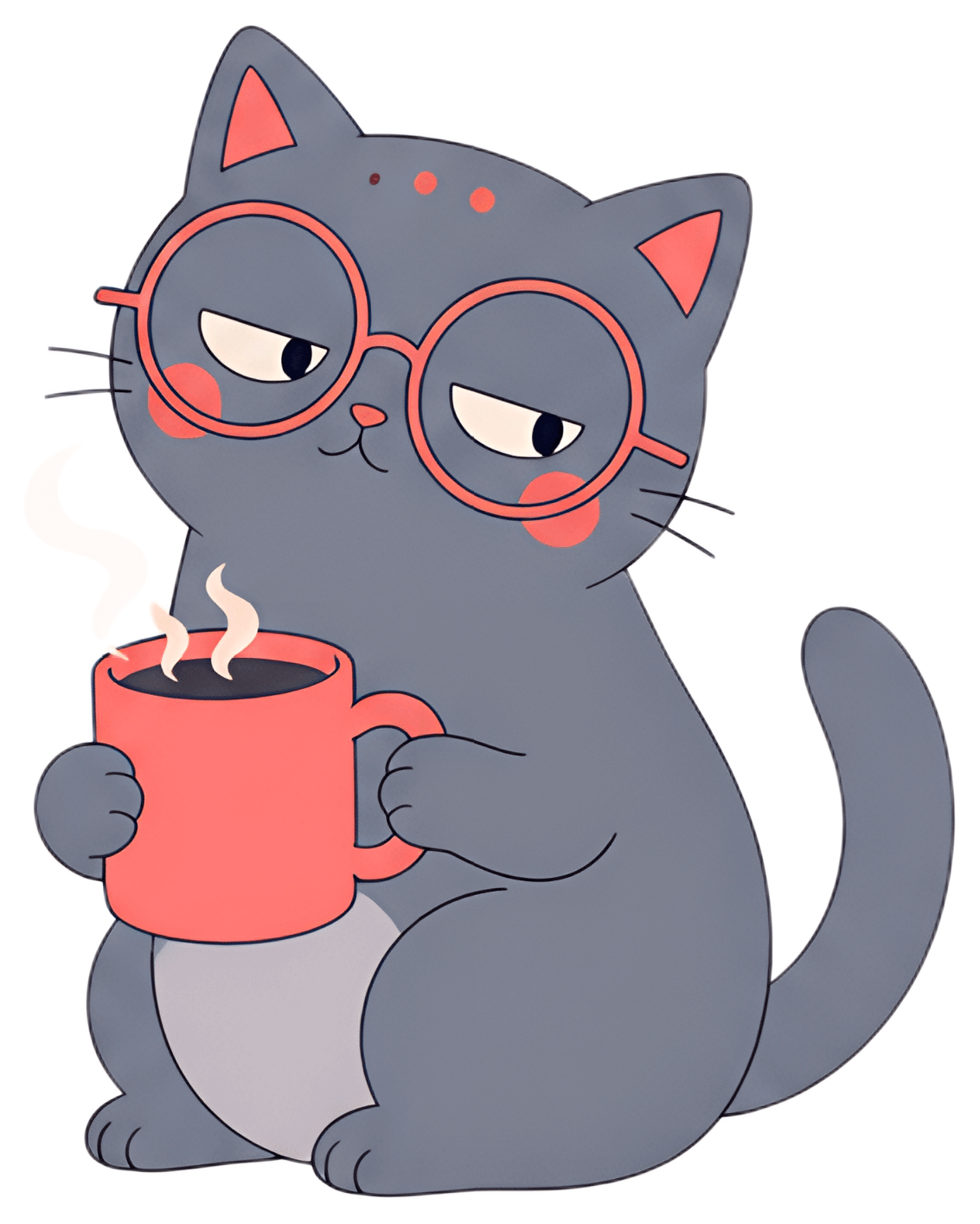 A gray cat with round glasses sits contentedly, holding a red coffee mug filled with steaming coffee. The cat's expression is relaxed, accompanied by blush-like spots on its cheeks, adding a charming,
