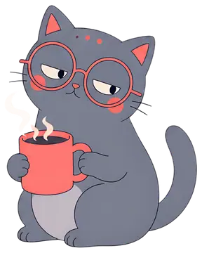 Gray Cat with Glasses and Coffee Mug