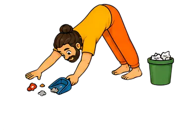 A yoga teacher in a downward dog pose is bent forward, using a dustpan to collect trash from the ground. He wears an orange outfit and has a beard, with a green trash bin nearby filled with waste. The