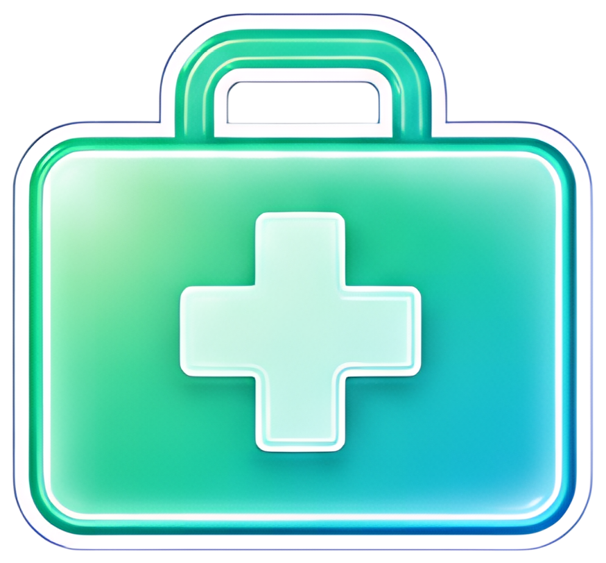 A stylized first aid kit in a teal gradient, featuring a prominent white cross in the center. The design is sleek with rounded edges, emphasizing a modern and clean look.