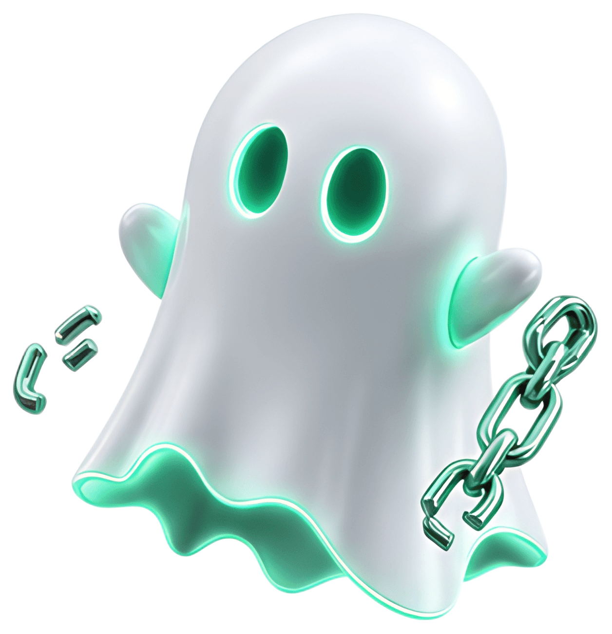 A white 3D ghost character with glowing teal eyes and a broken chain floating in the void. The ghost features a smooth, glossy surface with a wavy bottom edge, enhancing its ethereal appearance.