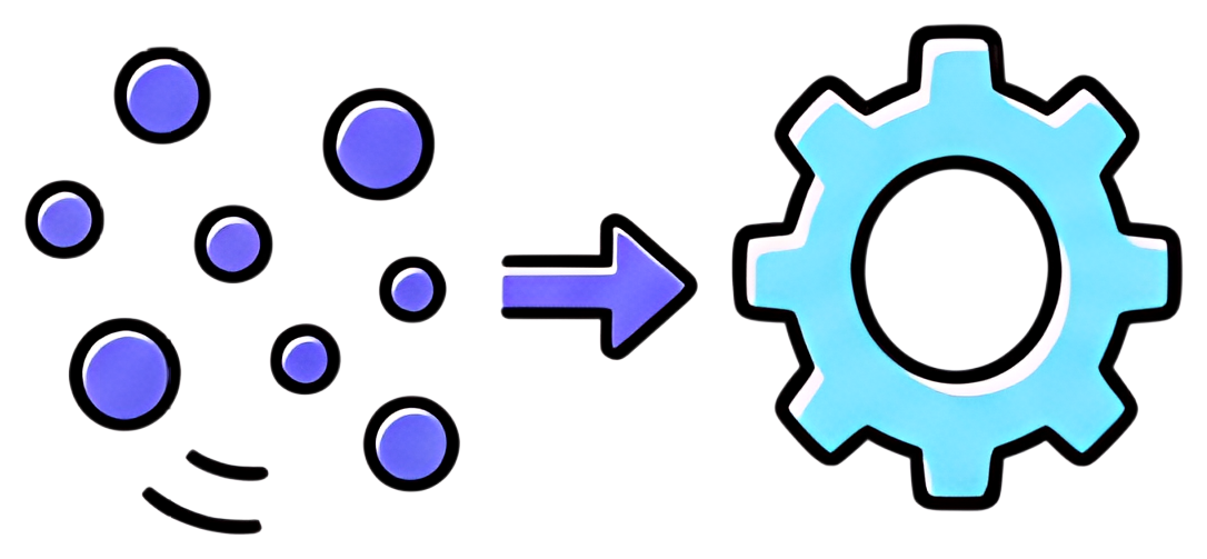 A visual representation shows chaotic purple dots transitioning to a structured light blue gear, with an arrow indicating the transformation. The image conveys a sense of organization emerging from a散