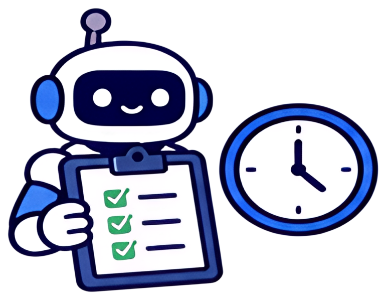 A cheerful robot character holds a clipboard with a checklist featuring green checkmarks, alongside a round clock showing the time. The design combines bright blue, black, and white colors, creating a