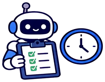 A cheerful robot character holds a clipboard with a checklist featuring green checkmarks, alongside a round clock showing the time. The design combines bright blue, black, and white colors, creating a