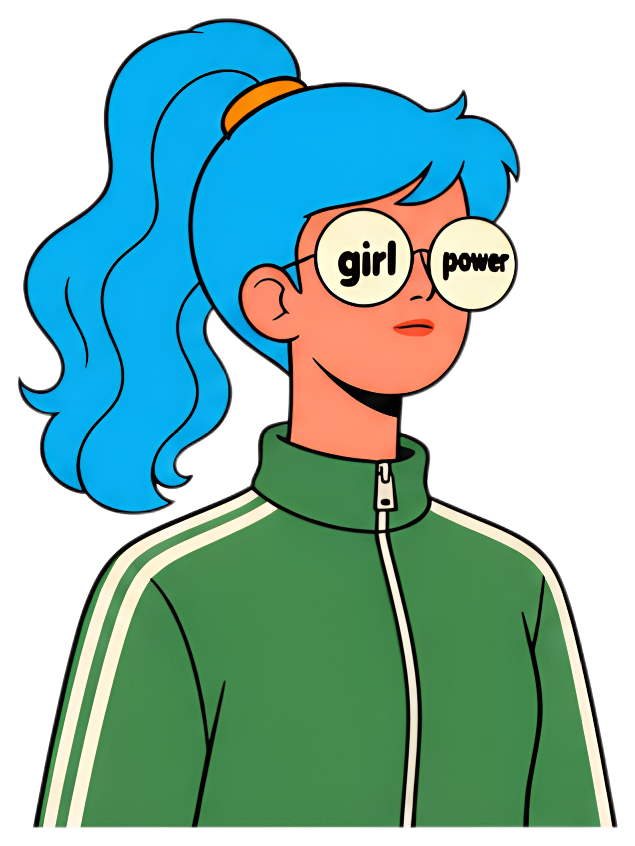 A character with a high ponytail wearing a green sporty jacket, displaying oversized glasses with the words 'girl power'. The hair is bright blue, contrasting playfully with the green of the jacket.