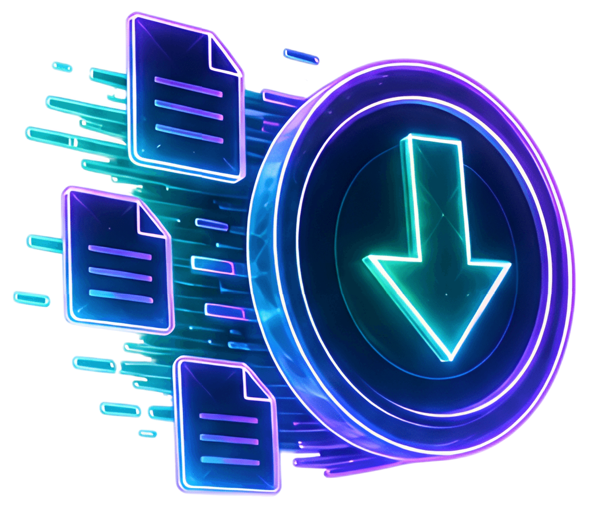 A vibrant neon illustration featuring a downward arrow inside a circular frame, with multiple flying documents illuminated in neon colors. The dynamic design showcases motion with colorful trails, evô