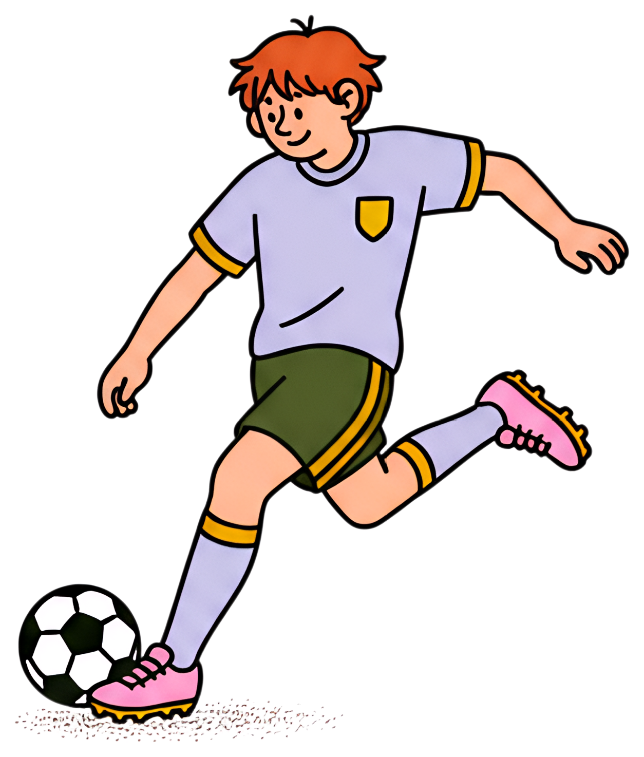 A cheerful young soccer player in a light purple jersey and dark green shorts is energetically kicking a black and white soccer ball. They are wearing pink cleats and have short, orange hair, captured
