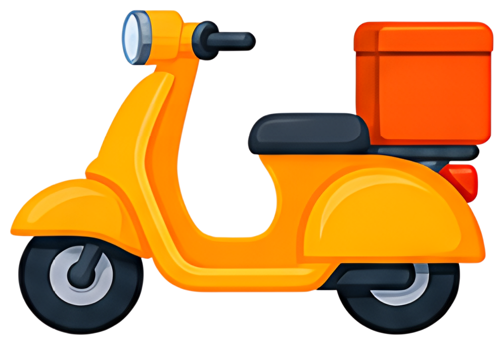 A vibrant orange scooter designed for food delivery features a large orange delivery box on the back and has a classic rounded shape. The scooter includes a front headlight and black seat, with black,