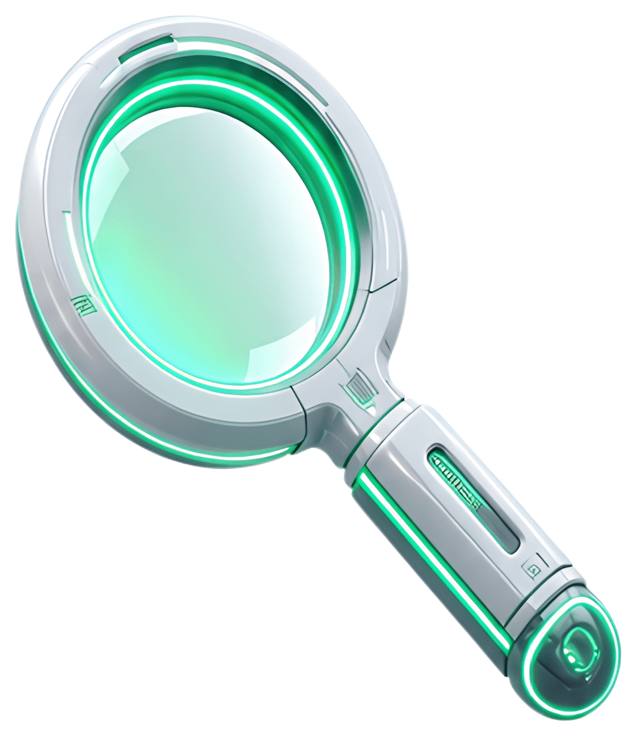 A 3D magnifying glass features a sleek white body with neon green accents that glow. The glass is clear and reflective, creating a high-tech appearance as it hovers, suggesting an active search.