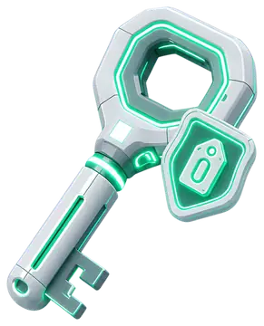 A sleek isometric key design featuring a small emerald tag marked with 'free'. The key has a futuristic white and teal color scheme with glowing accents, set against a transparent background.