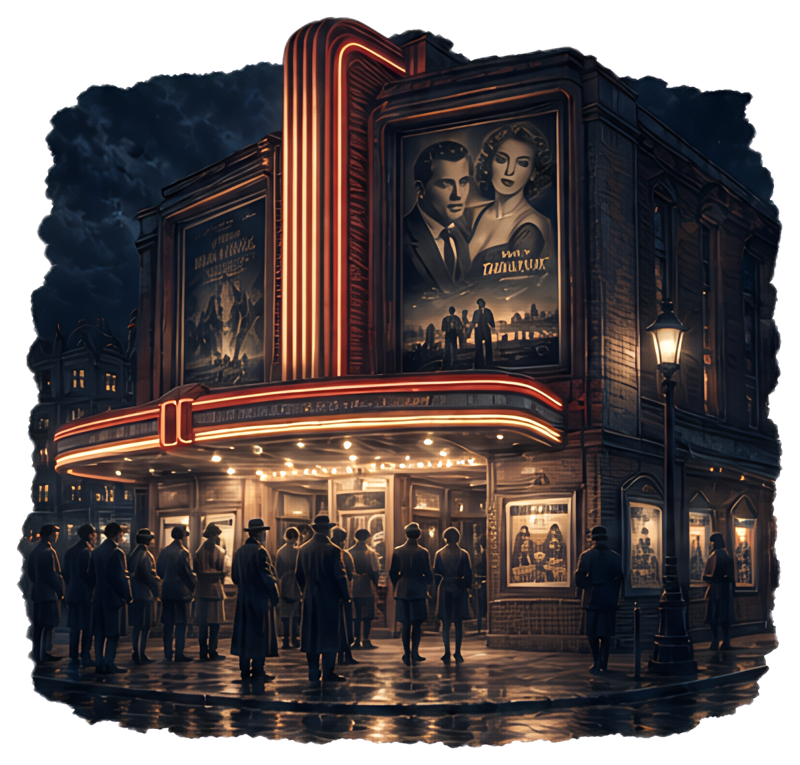 A vintage cinema exterior features a neon sign and classic movie posters. Crowds gather at the entrance on a rainy night, capturing the nostalgic atmosphere with dark skies and elegant streetlamps.