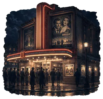A vintage cinema exterior features a neon sign and classic movie posters. Crowds gather at the entrance on a rainy night, capturing the nostalgic atmosphere with dark skies and elegant streetlamps.
