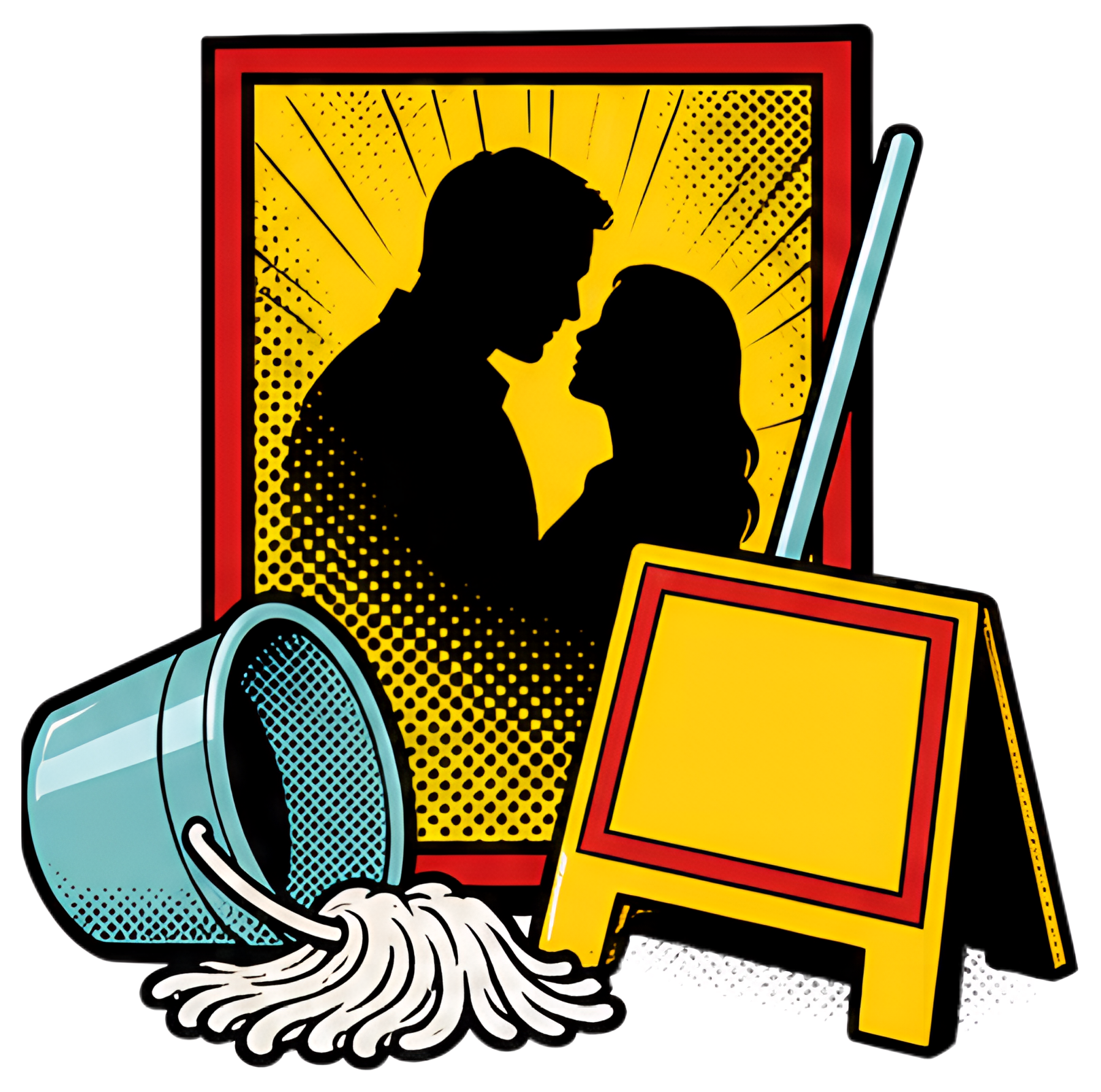 A vibrant illustration featuring an overturned blue bucket and a mop beside a bright yellow sign. In the background, there is a movie poster depicting a couple silhouetted against a radiating burst of