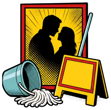 A vibrant illustration featuring an overturned blue bucket and a mop beside a bright yellow sign. In the background, there is a movie poster depicting a couple silhouetted against a radiating burst of