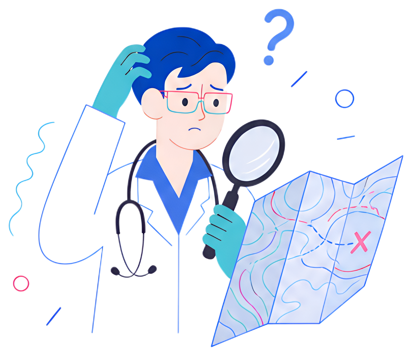 A concerned doctor in a white coat holds a map and a magnifying glass, looking puzzled while scratching his head. The illustration features light blue and pink accents, with a question mark above his头