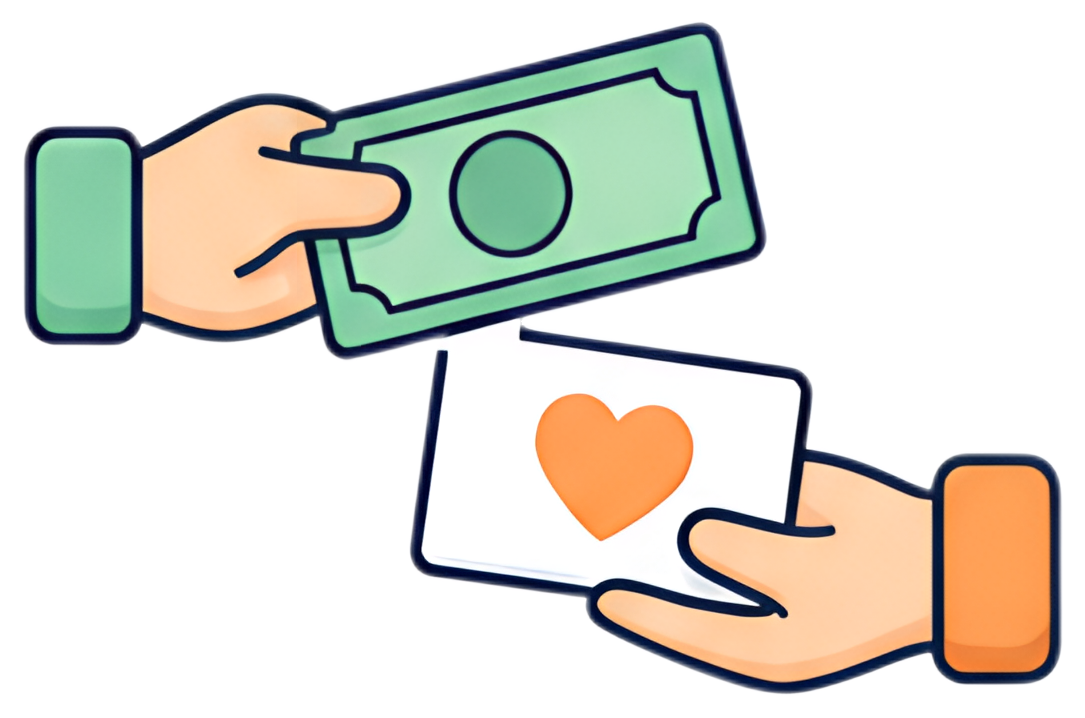 Two hands are exchanging a green banknote and a white note with a heart symbol on it. The hands are detailed with different colored sleeves, showcasing a casual and friendly interaction.