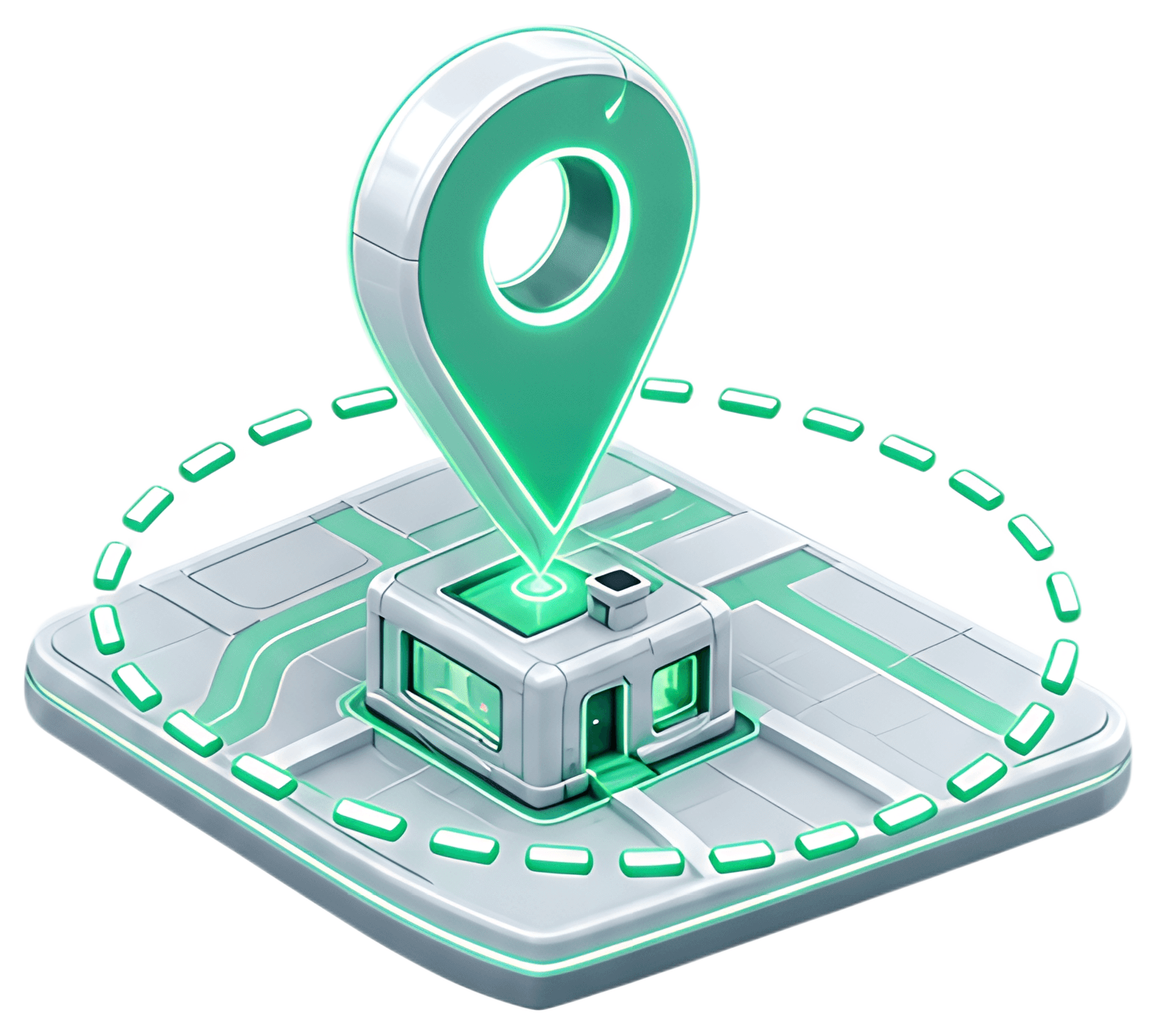 An isometric icon depicting a map with a location pin and a dashed circle indicating a radius around a building. The design features emerald accents, with a clean, modern aesthetic.