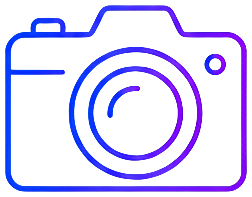 A stylized icon of a camera featuring a circular lens and minimalistic design in vibrant blue and purple hues. The camera is outlined with a clean look, symbolizing photography and technology.