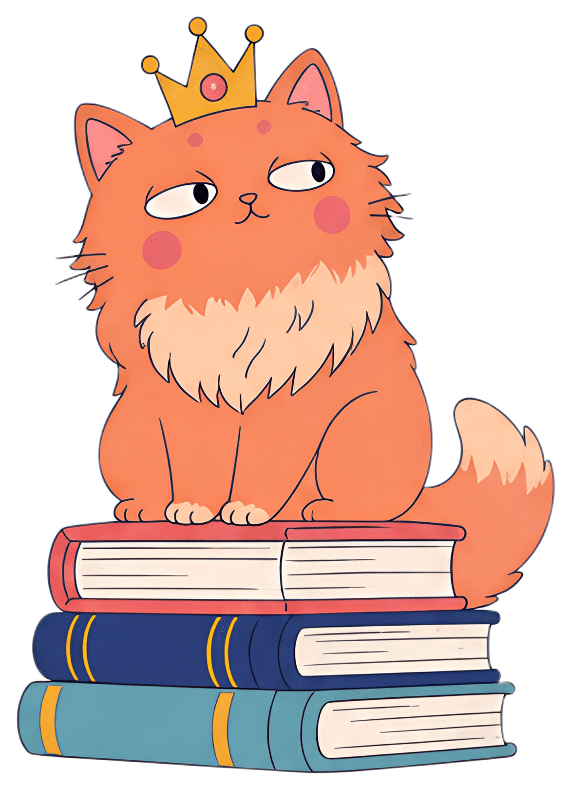 A fluffy ginger cat with a crown sits regally atop a stack of colorful books, displaying a confident expression. The cat features soft fur and subtle pink blush on its cheeks, while the books are in a