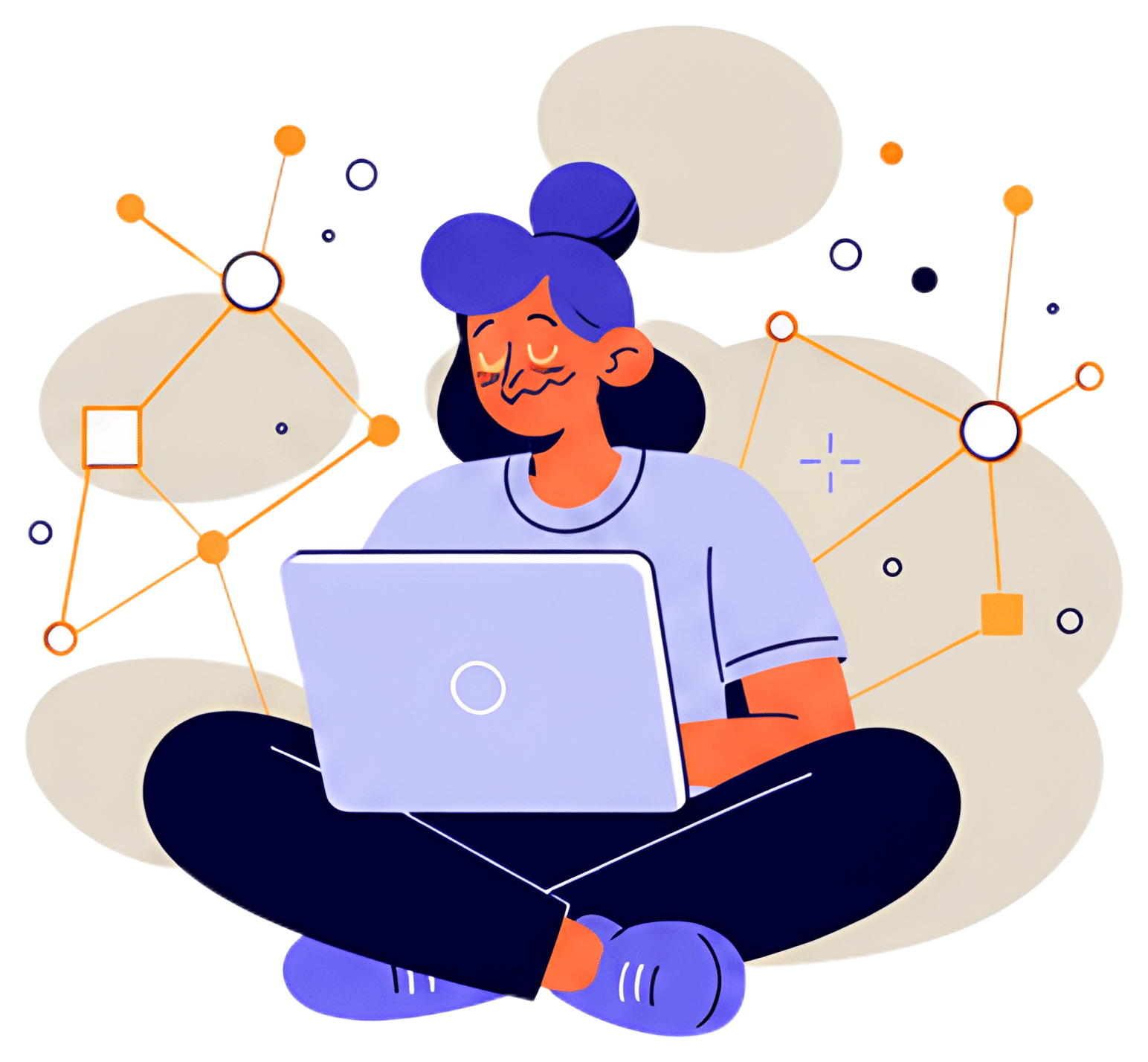 A person sits cross-legged with a laptop in their lap, smiling while engaging with technology. They are surrounded by glowing network lines and connections, adding a modern, tech-inspired ambiance. A,