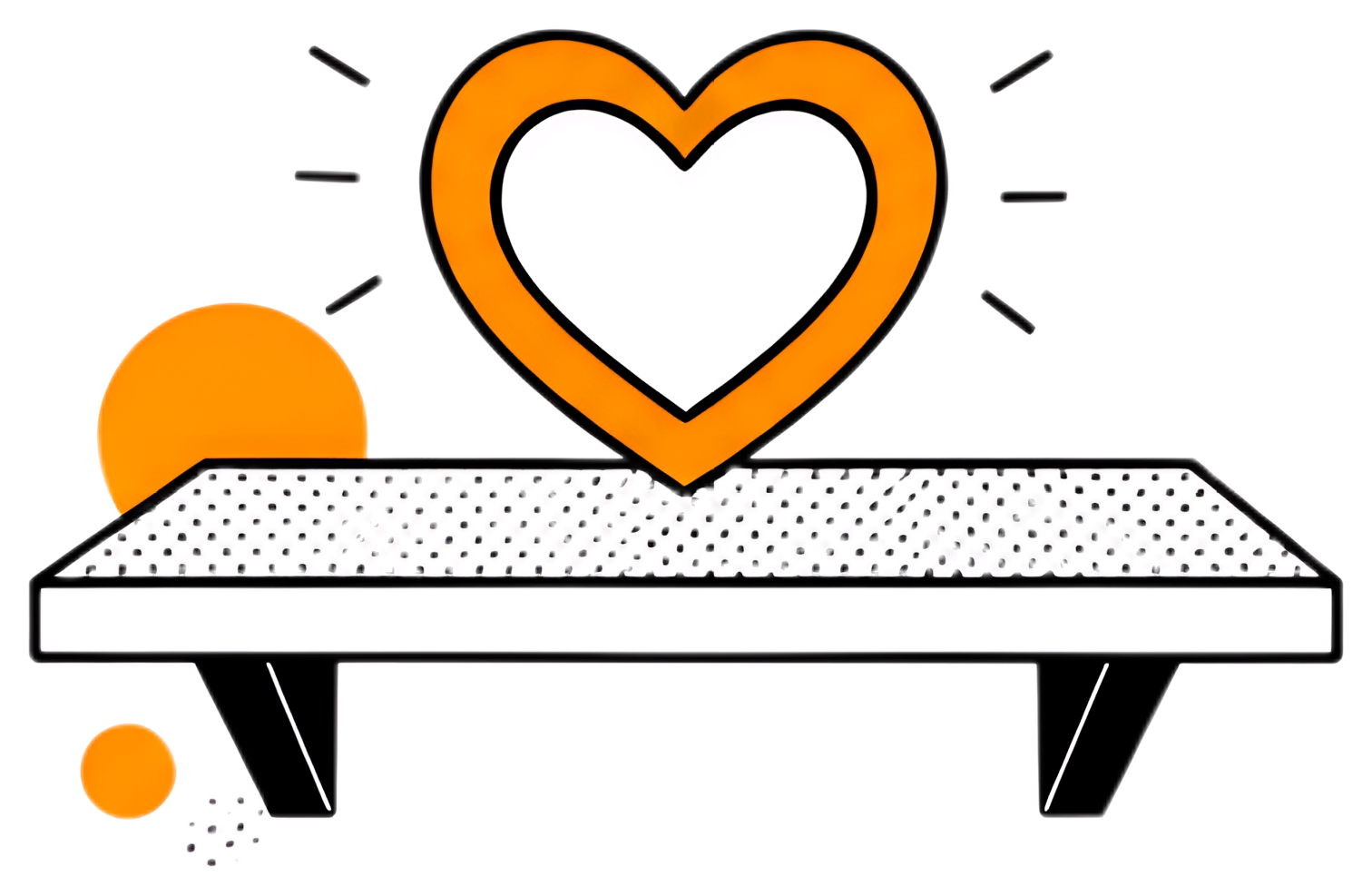 A minimalist illustration showing an empty shelf with a prominent orange heart symbol above it, set against a transparent background. The design features simple shapes and outlines, creating a clean, 